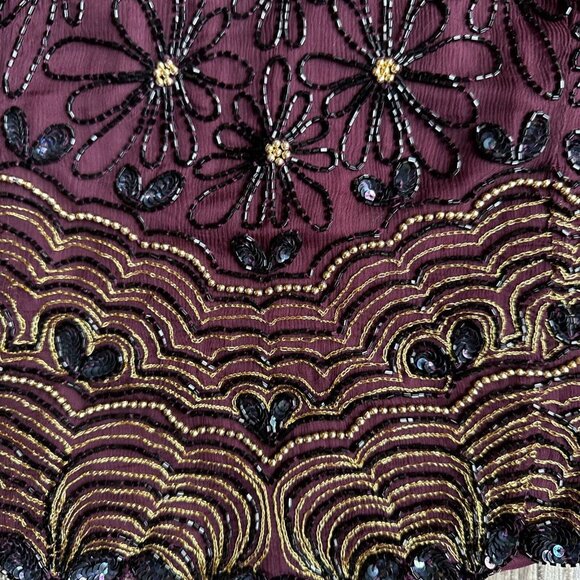 2/$18 SALE! ADRIANNA PAPELL Evening Top Womens L Beaded Burgundy Floral‎ Silk - Picture 4 of 10